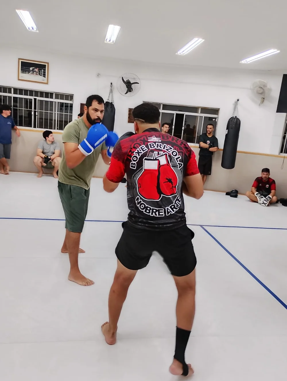 Dois alunos com luvas praticando boxe na academia
