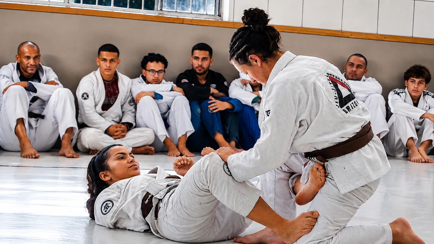 Demonstração de técnica de jiu-jitsu no solo, acompanhada pelos alunos no tatame