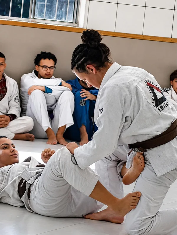 Alunas praticando uma técnica de jiu-jitsu no solo